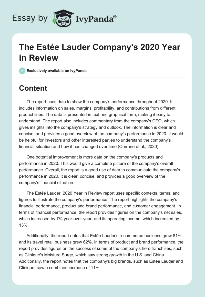 The Estée Lauder Company's 2020 Year in Review. Page 1