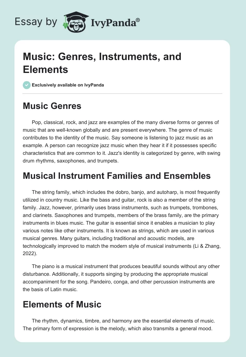 Music: Genres, Instruments, and Elements. Page 1
