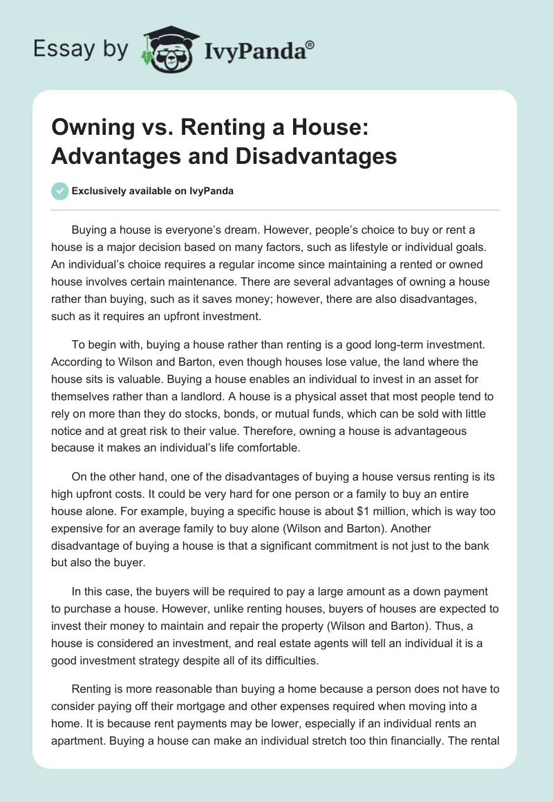 Owning vs. Renting a House: Advantages and Disadvantages. Page 1