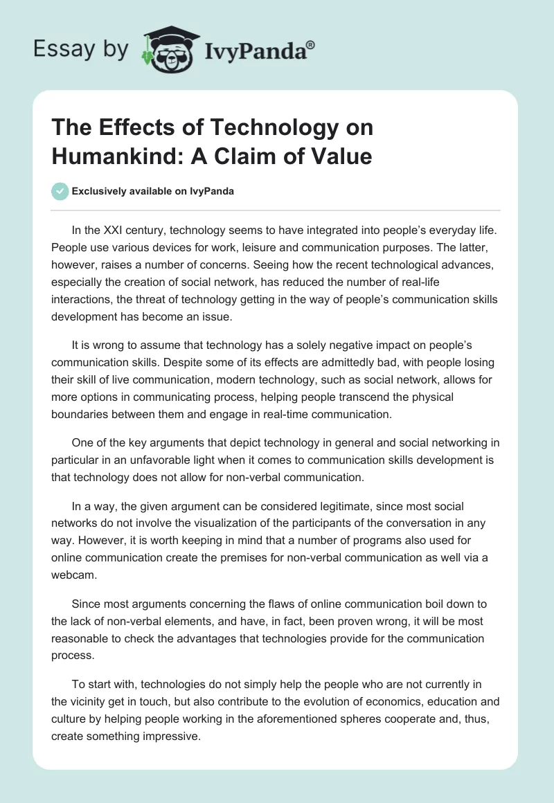 The Effects of Technology on Humankind: A Claim of Value. Page 1