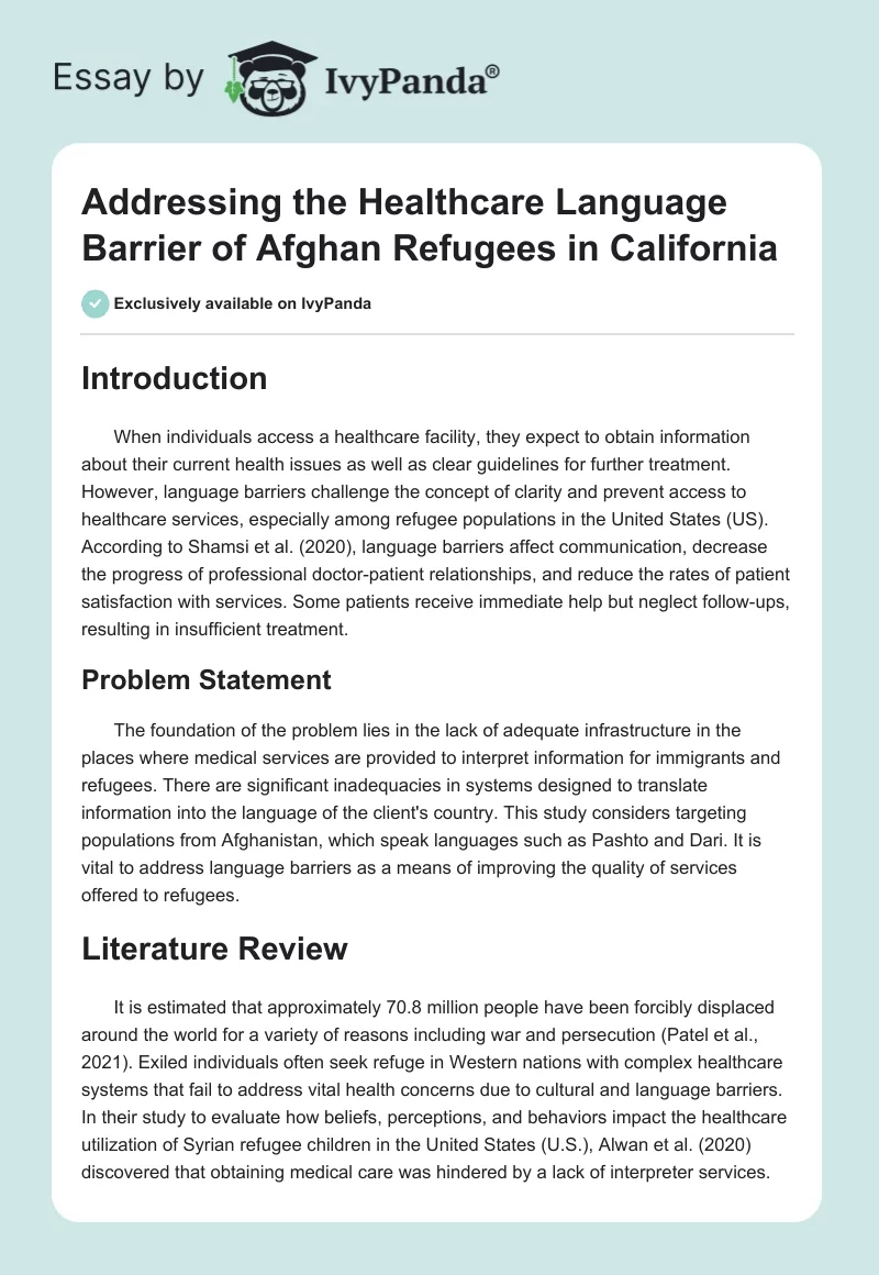 Addressing the Healthcare Language Barrier of Afghan Refugees in California. Page 1