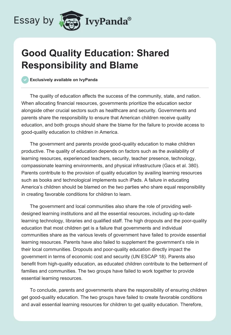 Good Quality Education: Shared Responsibility and Blame. Page 1