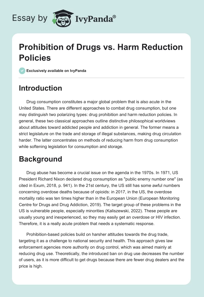 Prohibition of Drugs vs. Harm Reduction Policies. Page 1