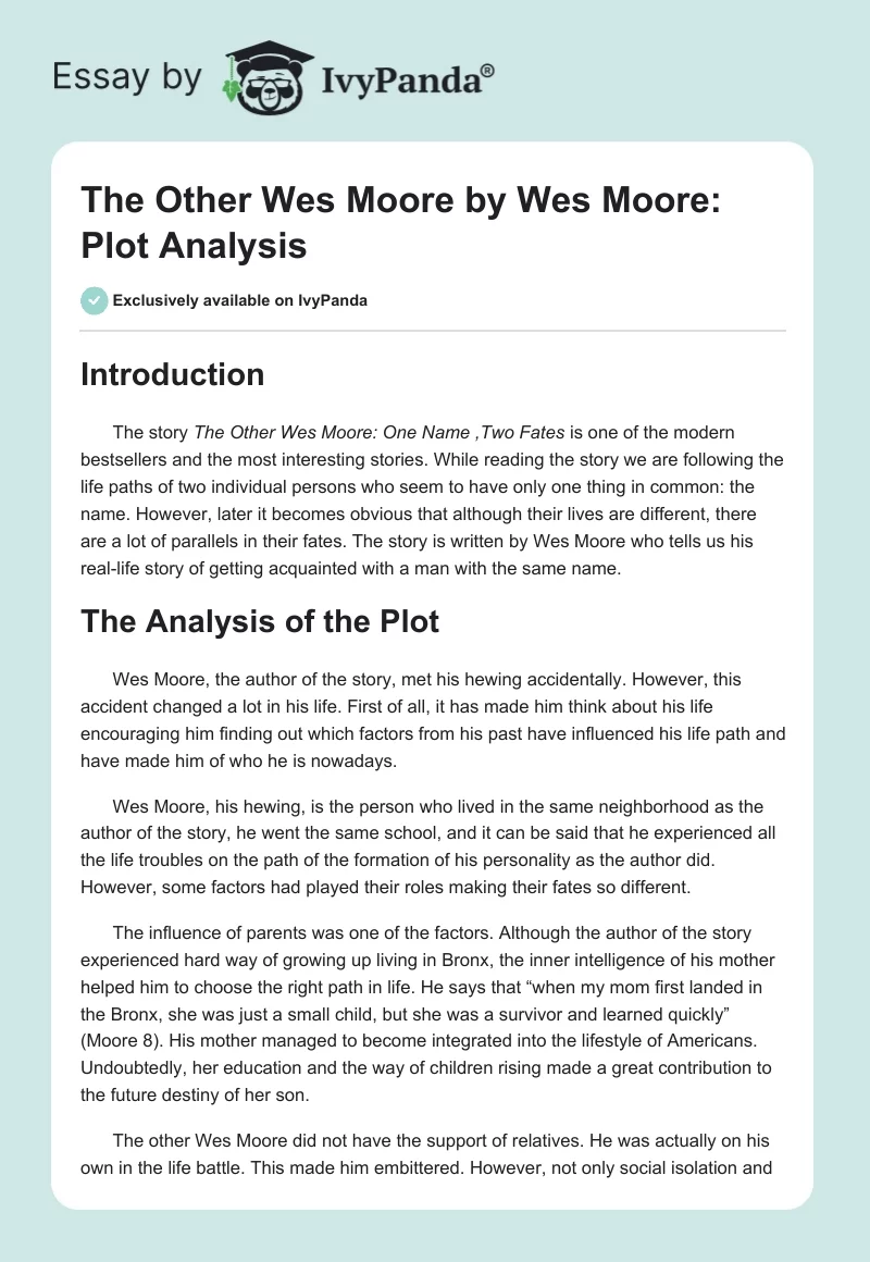 "The Other Wes Moore" by Wes Moore: Plot Analysis. Page 1