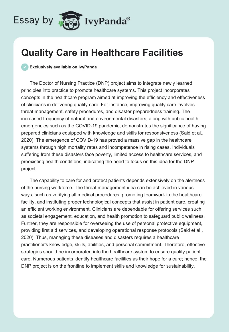 Quality Care in Healthcare Facilities. Page 1