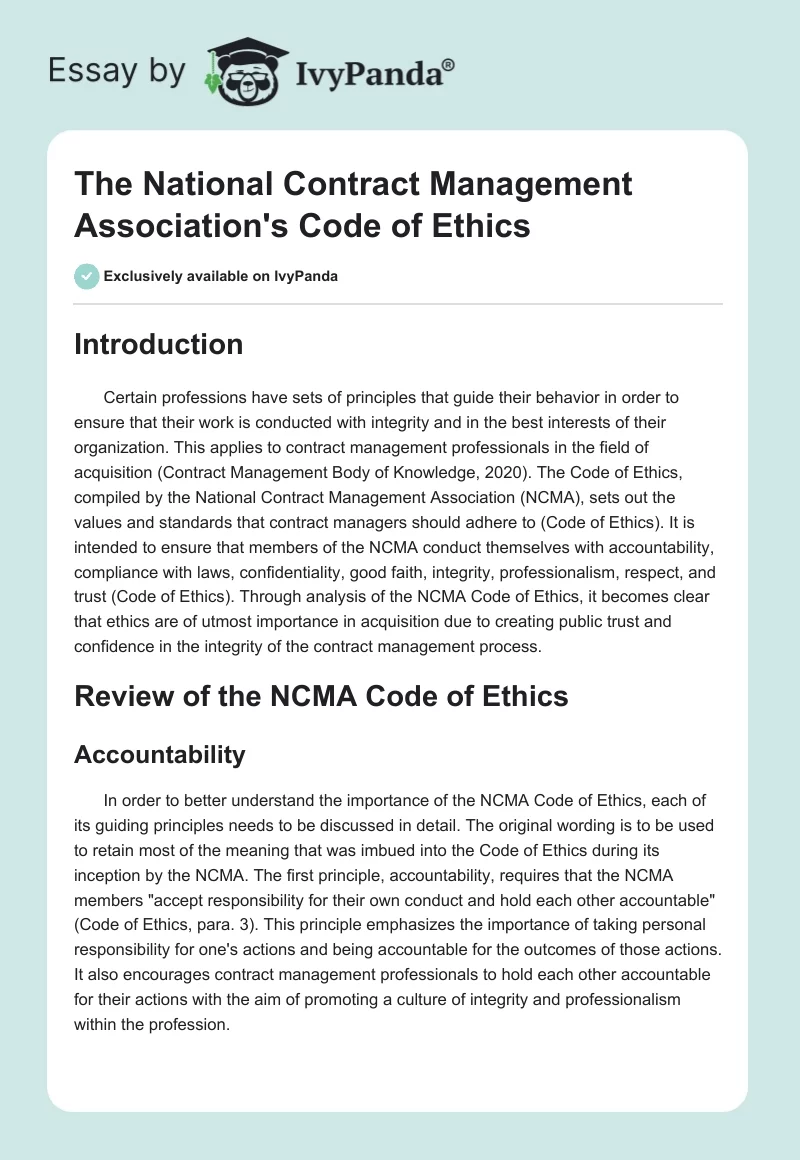 The National Contract Management Association's Code of Ethics. Page 1