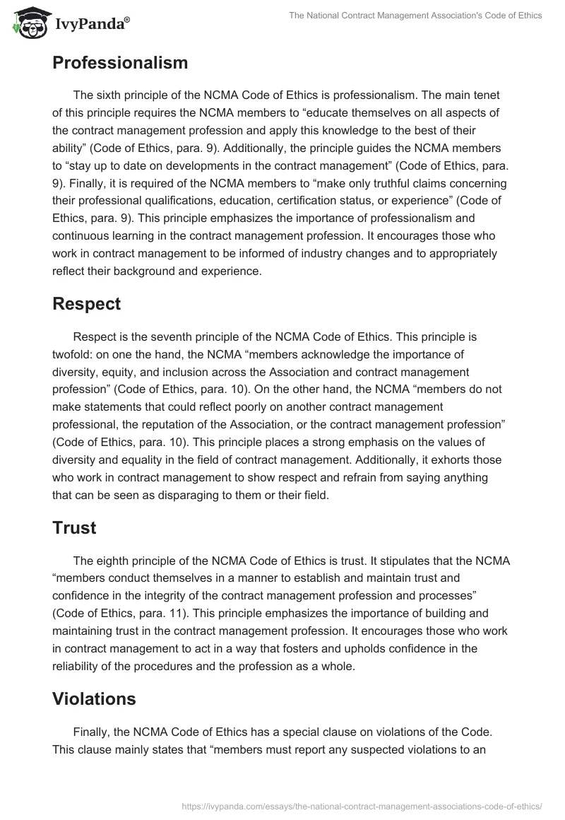 The National Contract Management Association's Code of Ethics. Page 3