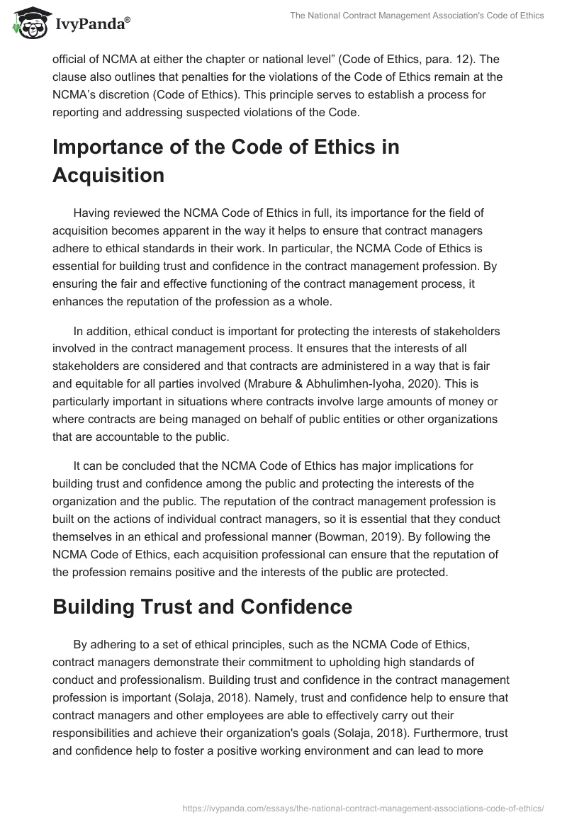 The National Contract Management Association's Code of Ethics. Page 4