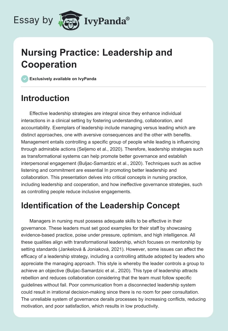 Nursing Practice: Leadership and Cooperation. Page 1