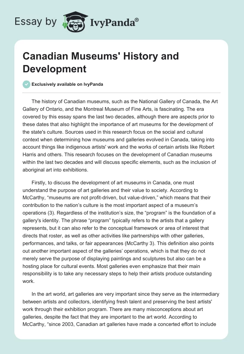 Canadian Museums' History and Development. Page 1