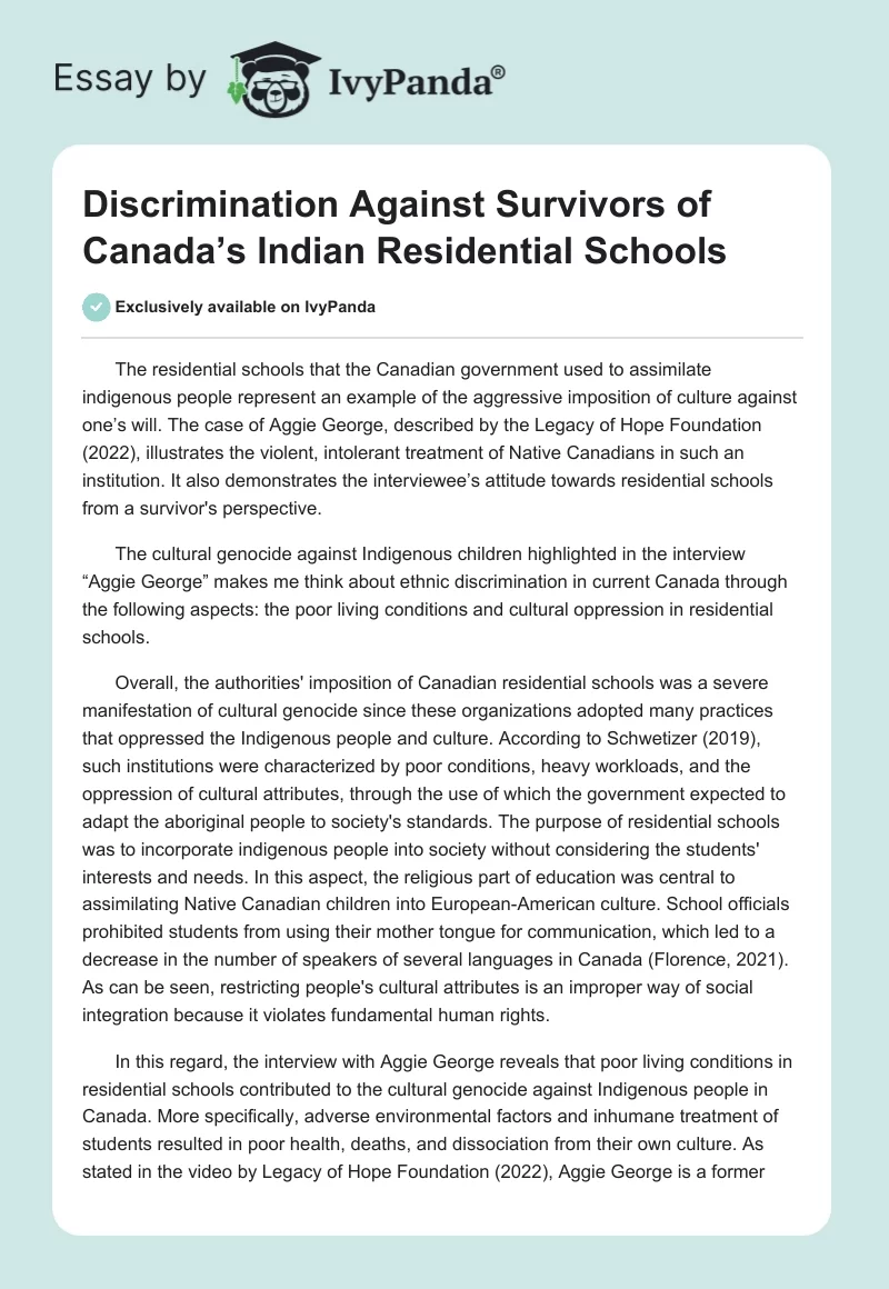 Discrimination Against Survivors of Canada’s Indian Residential Schools. Page 1