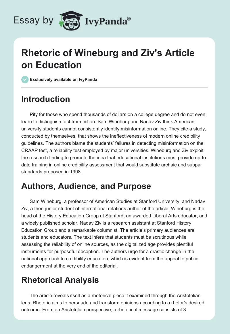 Rhetoric of Wineburg and Ziv's Article on Education. Page 1