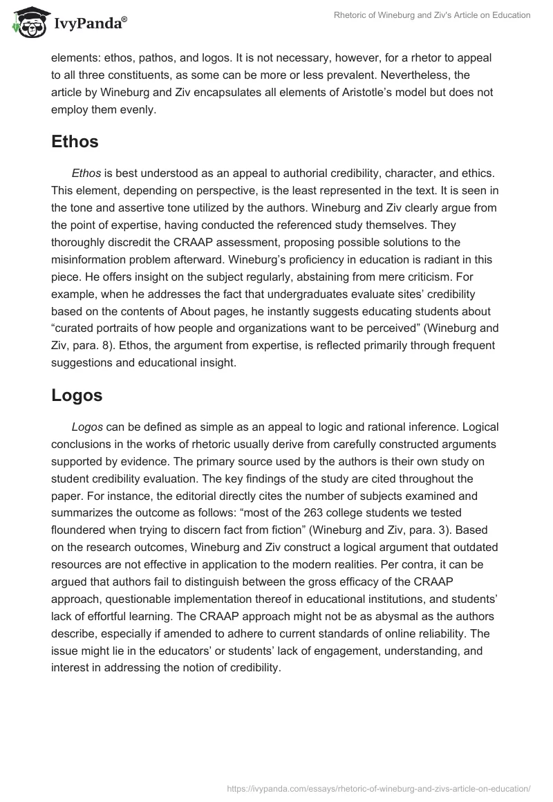 Rhetoric of Wineburg and Ziv's Article on Education. Page 2