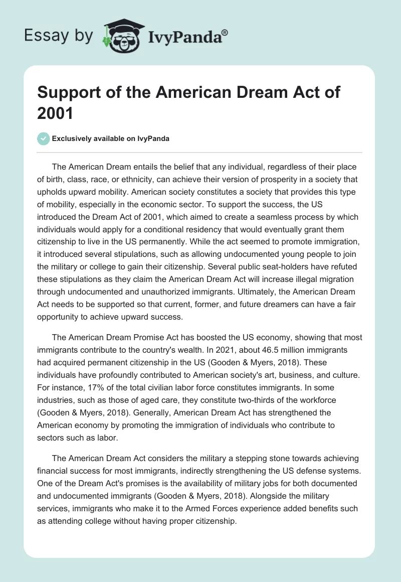 Support of the American Dream Act of 2001. Page 1