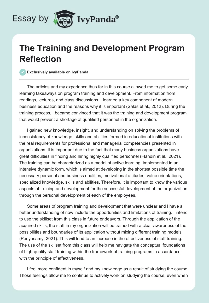 The Training and Development Program Reflection. Page 1