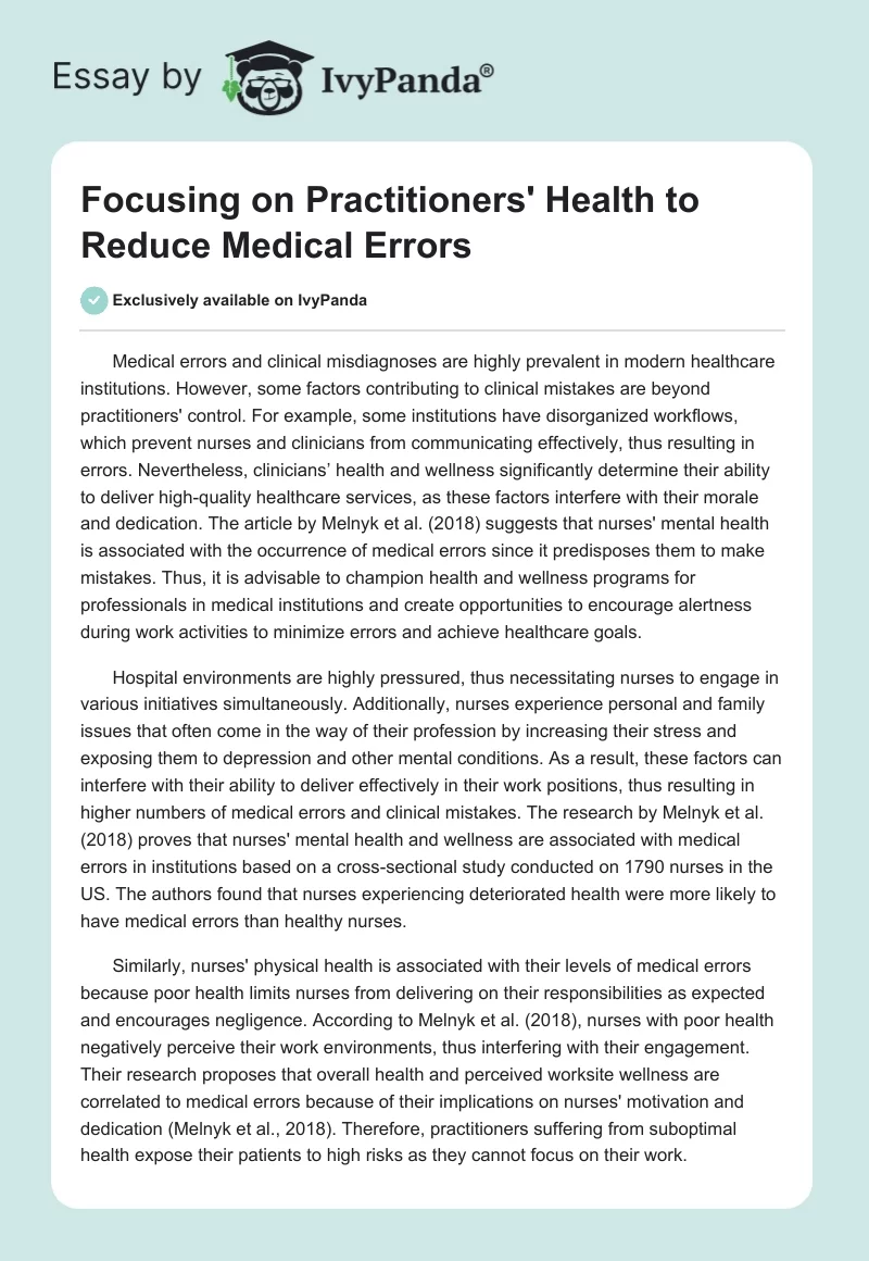 Focusing on Practitioners' Health to Reduce Medical Errors. Page 1