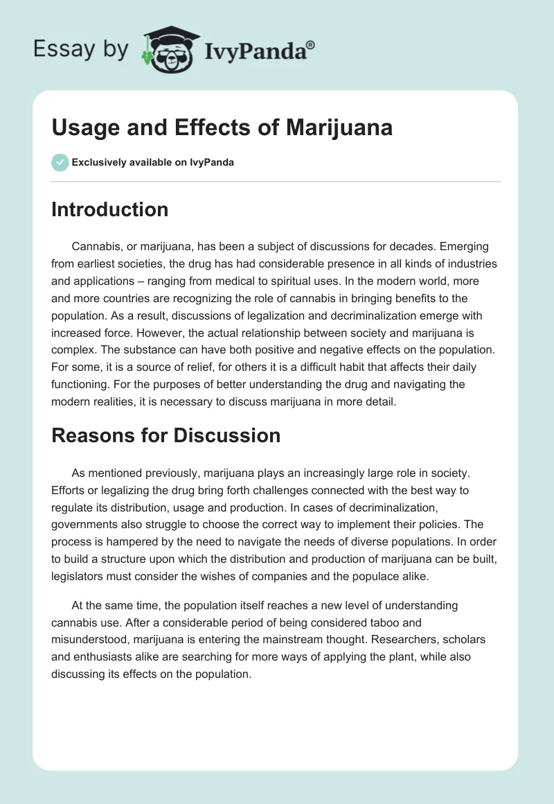 Usage and Effects of Marijuana. Page 1