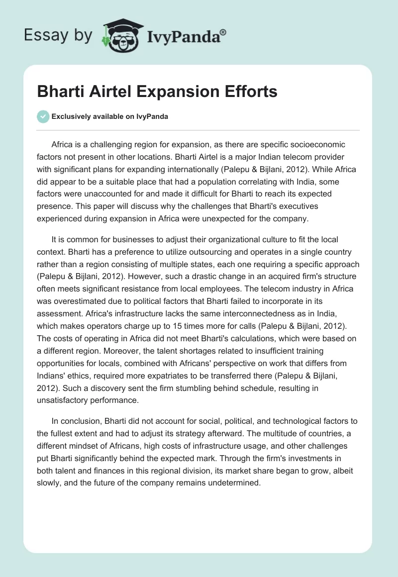 Bharti Airtel Expansion Efforts. Page 1