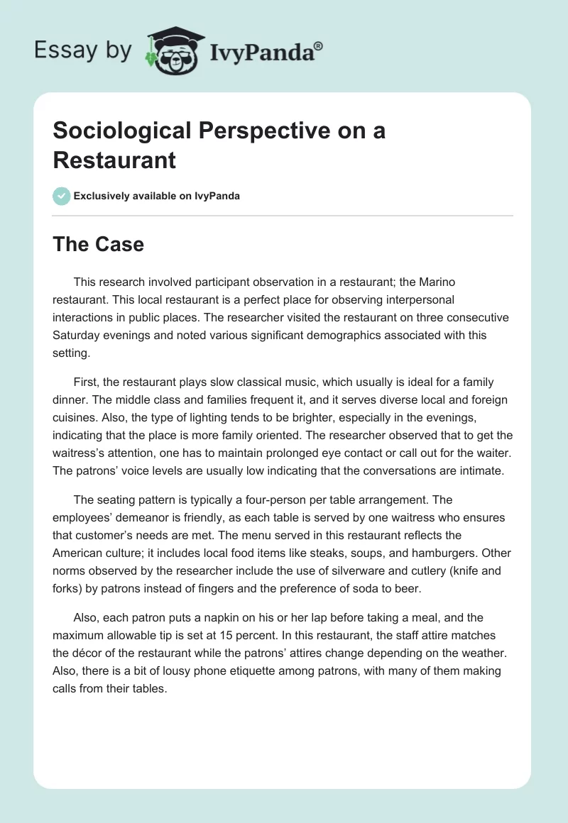 Sociological Perspective on a Restaurant. Page 1