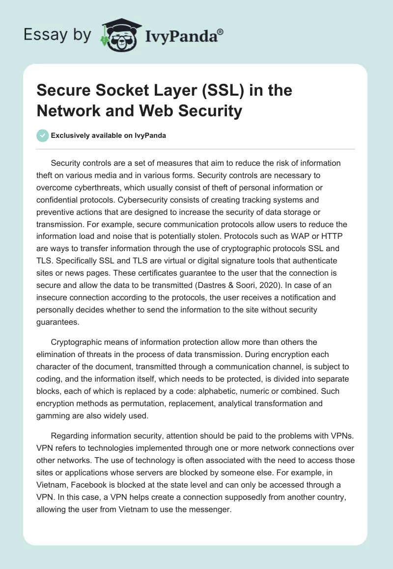 Secure Socket Layer (SSL) in the Network and Web Security. Page 1