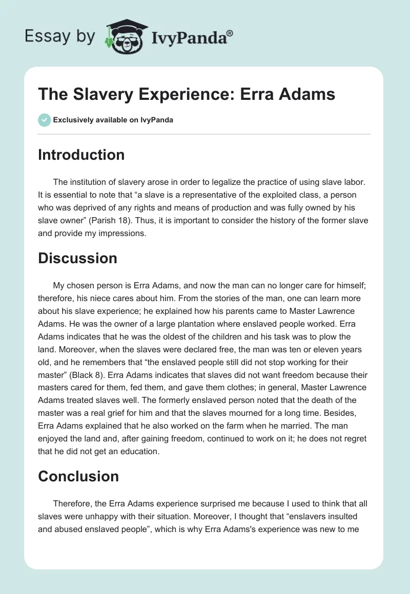 The Slavery Experience: Erra Adams. Page 1