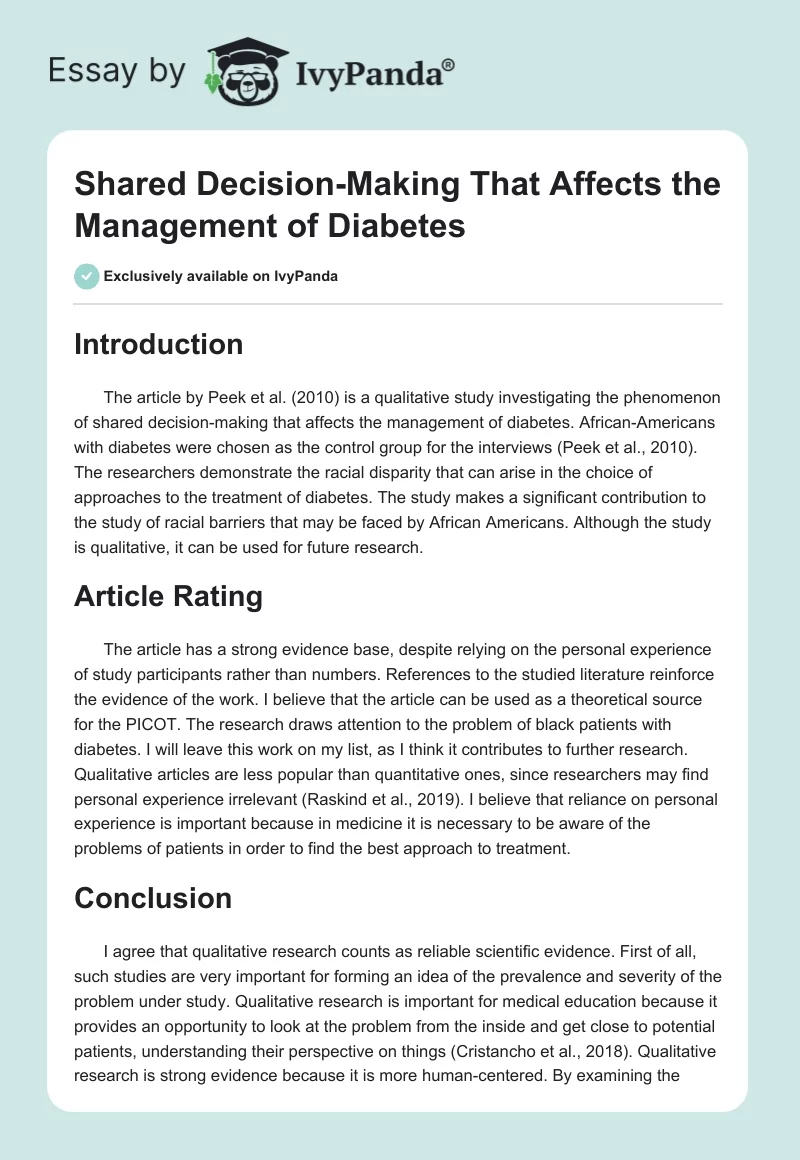 Shared Decision-Making That Affects the Management of Diabetes. Page 1