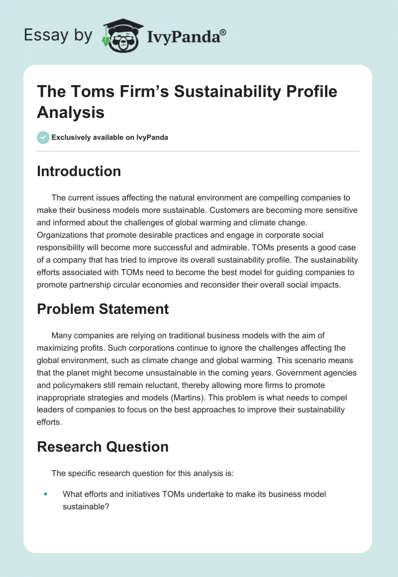 The Toms Firm’s Sustainability Profile Analysis. Page 1