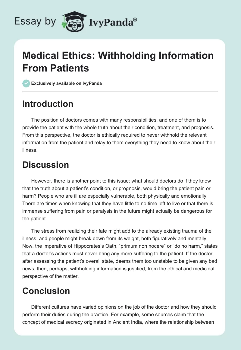 Medical Ethics: Withholding Information From Patients. Page 1