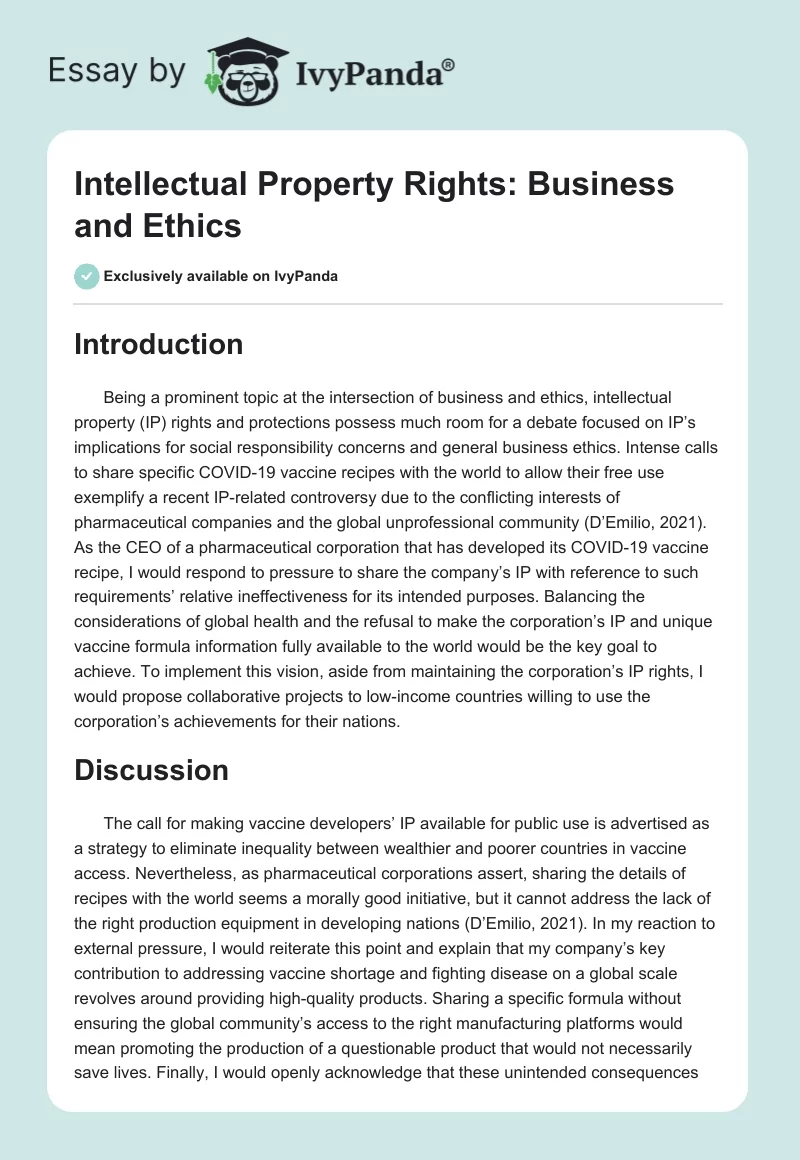 Intellectual Property Rights: Business and Ethics. Page 1