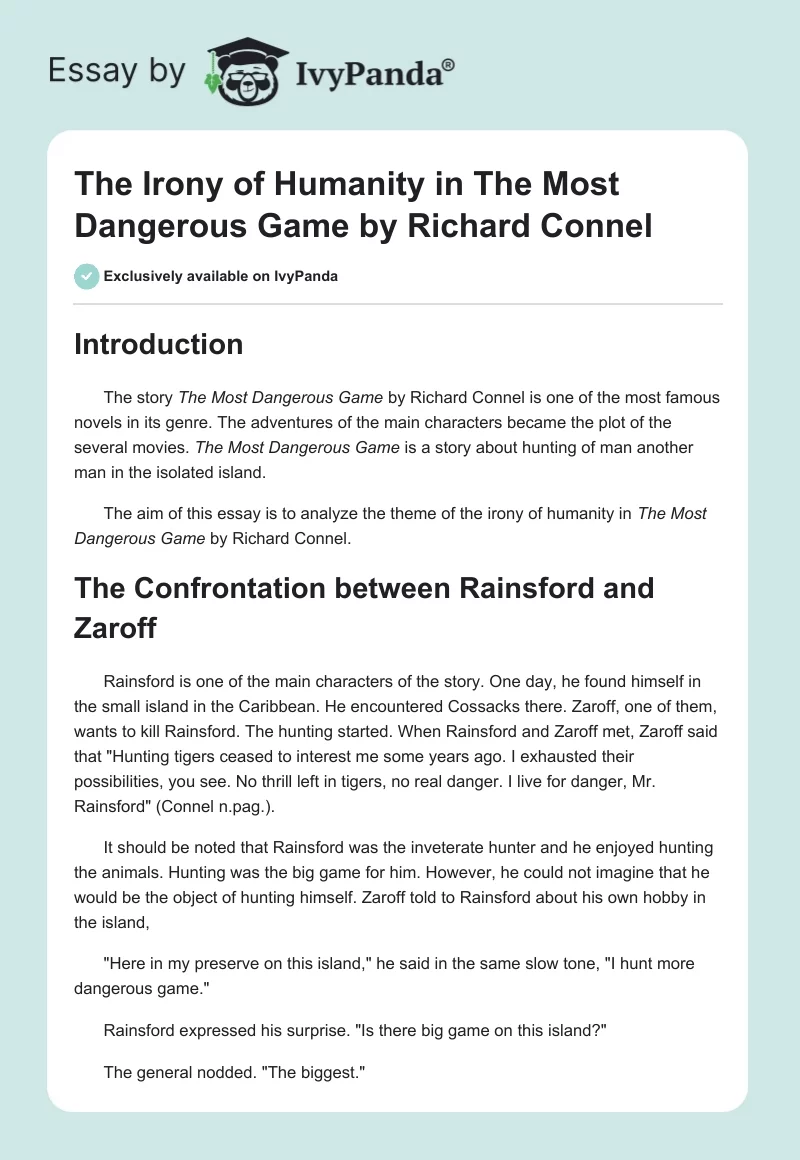 The Irony of Humanity in The Most Dangerous Game by Richard Connel. Page 1