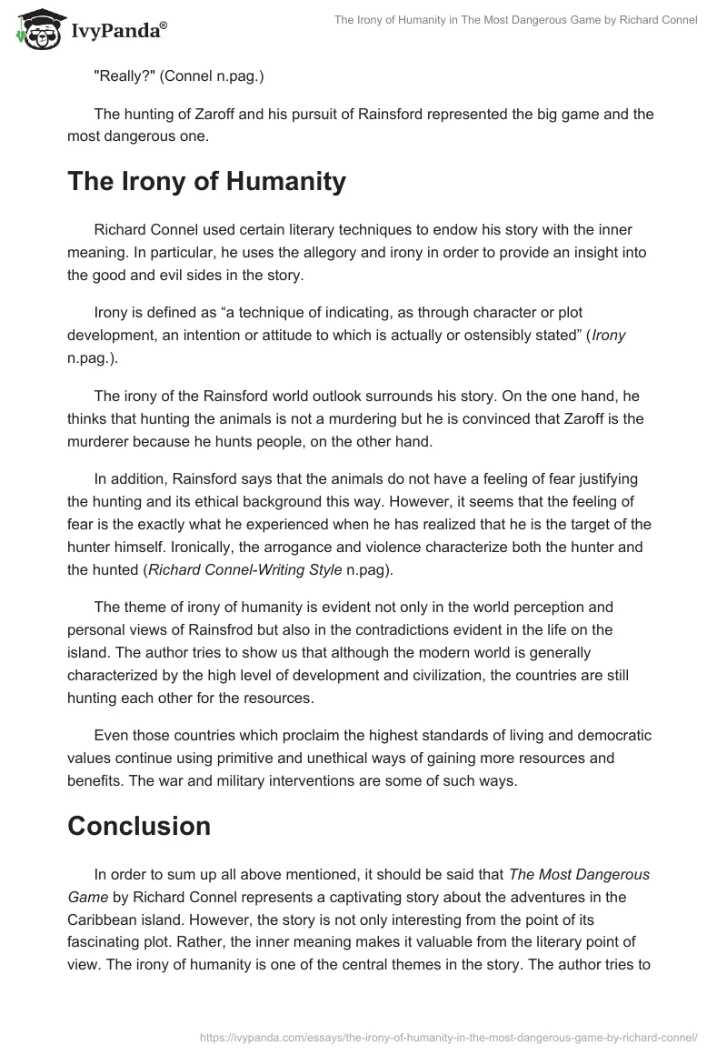 The Irony of Humanity in The Most Dangerous Game by Richard Connel. Page 2