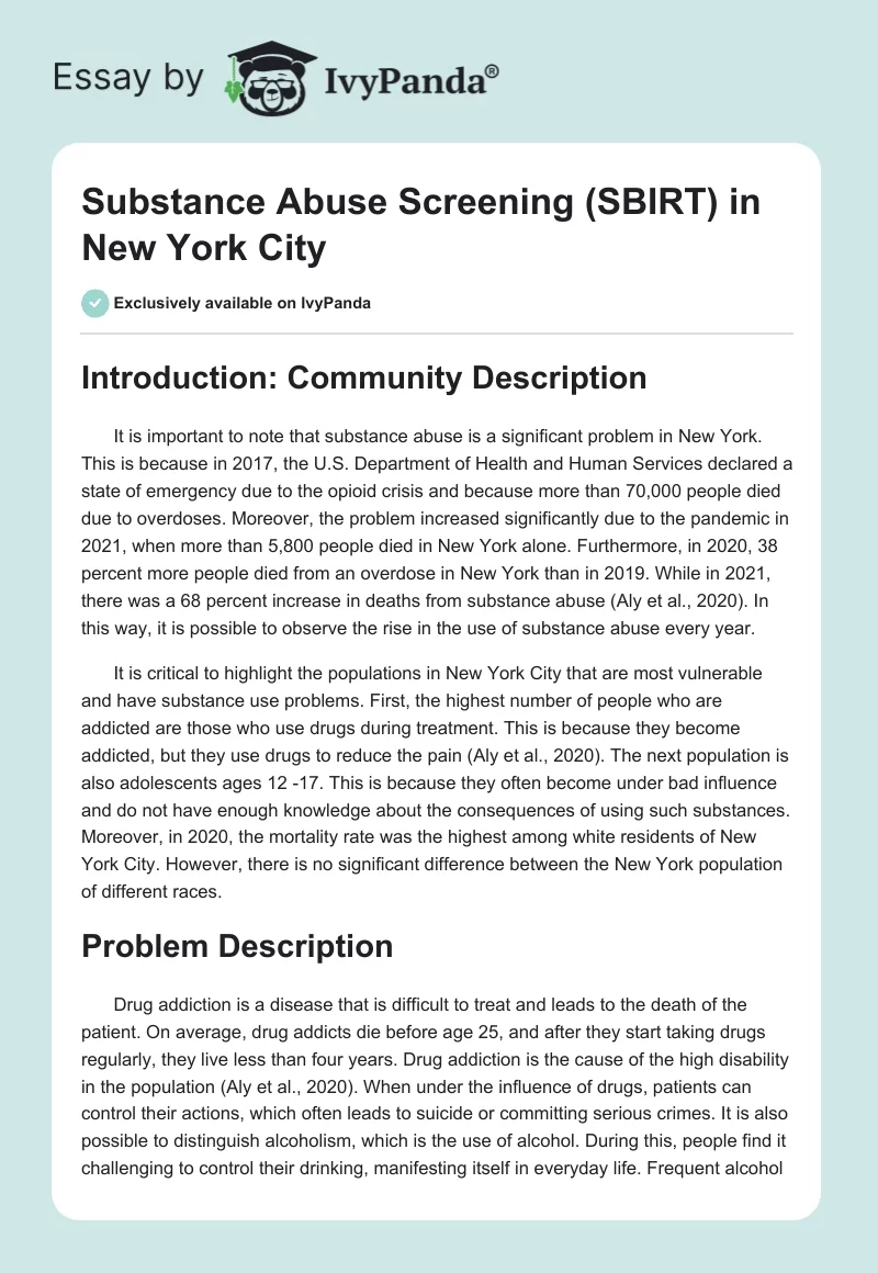 Substance Abuse Screening (SBIRT) in New York City. Page 1