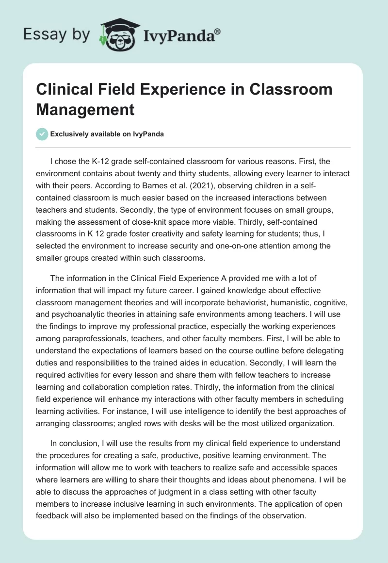 Clinical Field Experience in Classroom Management. Page 1