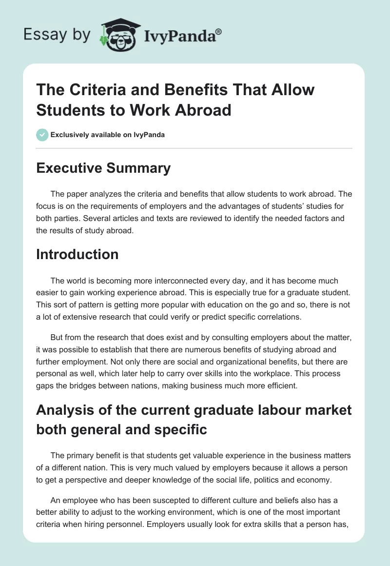 The Criteria and Benefits That Allow Students to Work Abroad. Page 1