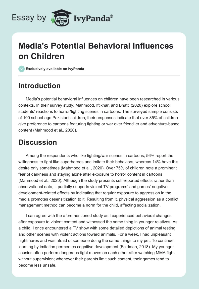 Media's Potential Behavioral Influences on Children. Page 1