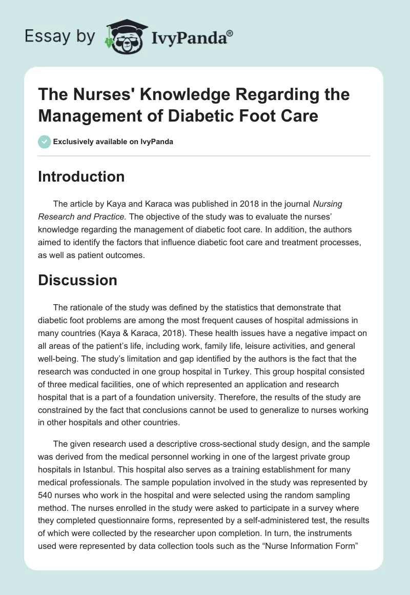 The Nurses' Knowledge Regarding the Management of Diabetic Foot Care. Page 1