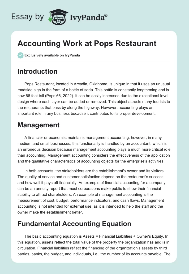 Accounting Work at Pops Restaurant. Page 1