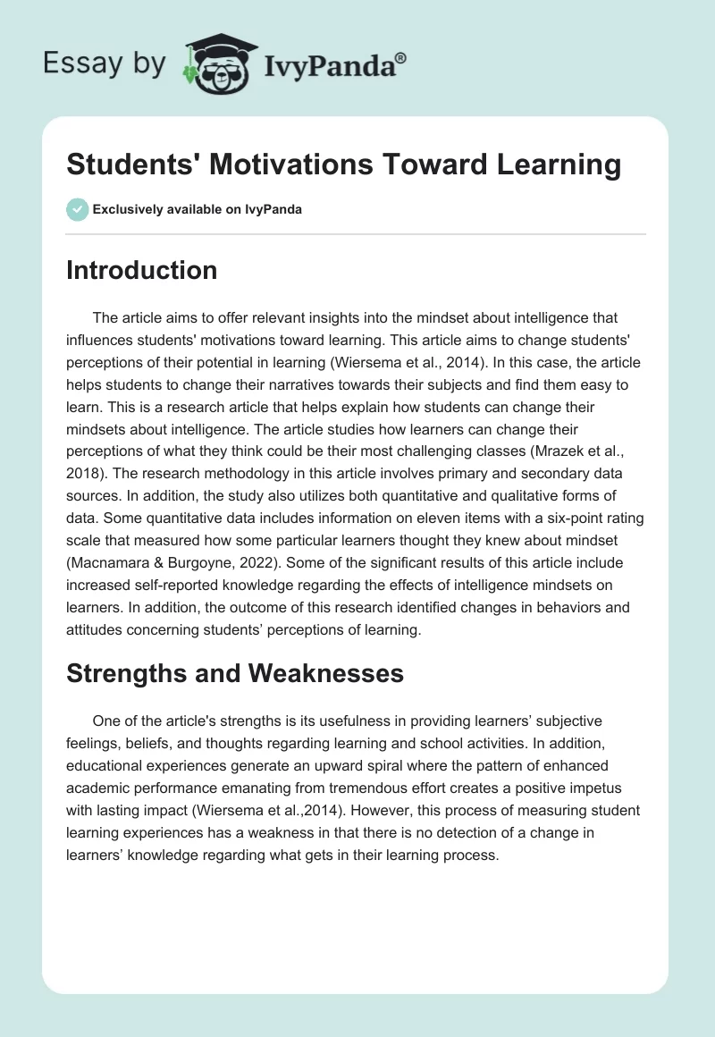 Students' Motivations Toward Learning. Page 1