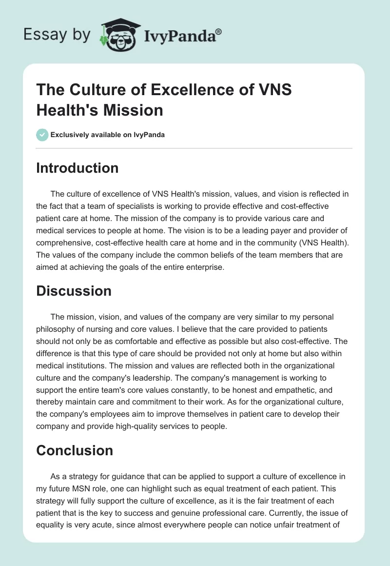 The Culture of Excellence of VNS Health's Mission. Page 1