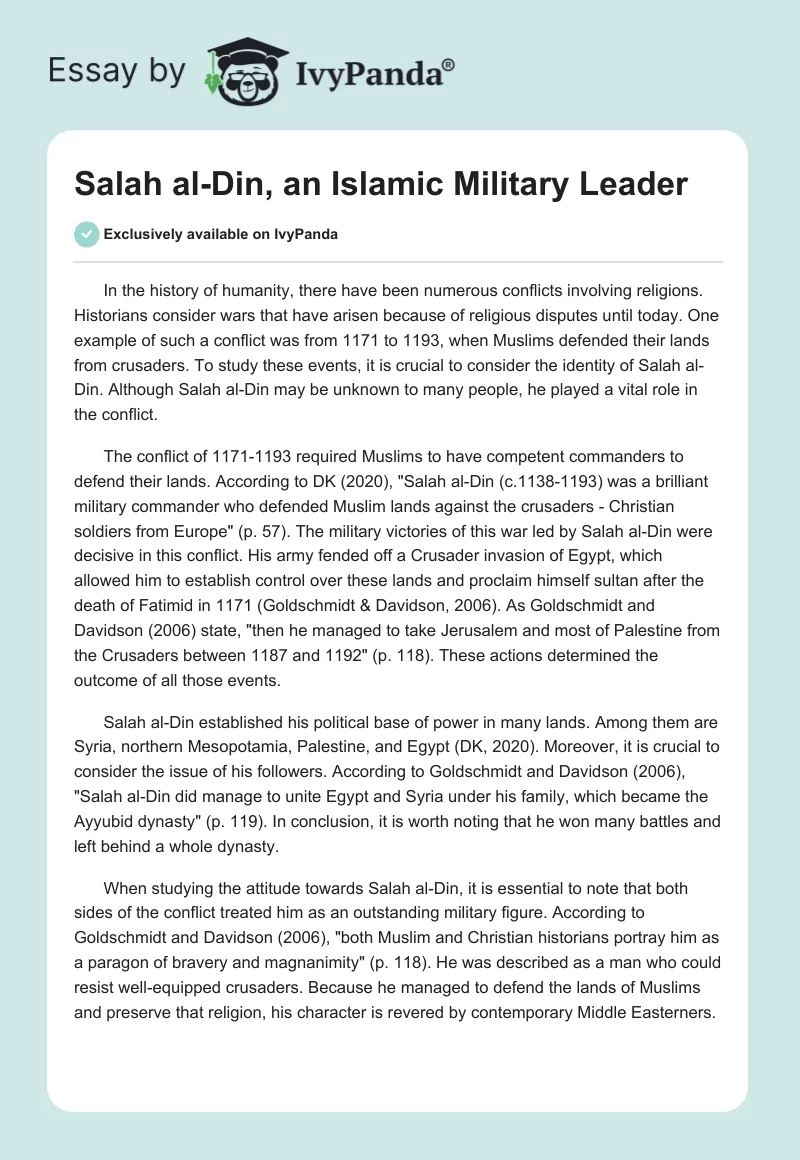 Salah al-Din, an Islamic Military Leader. Page 1