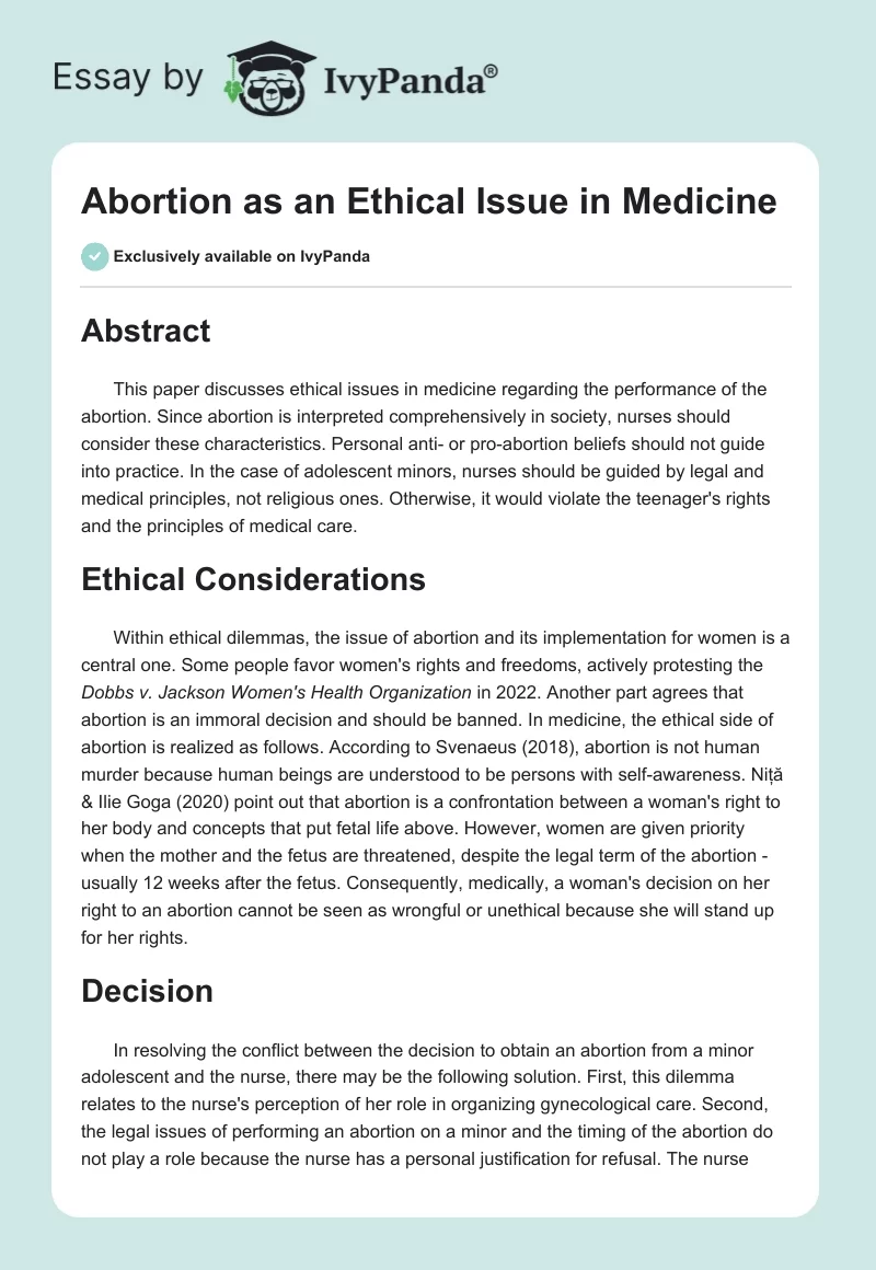 Abortion as an Ethical Issue in Medicine. Page 1