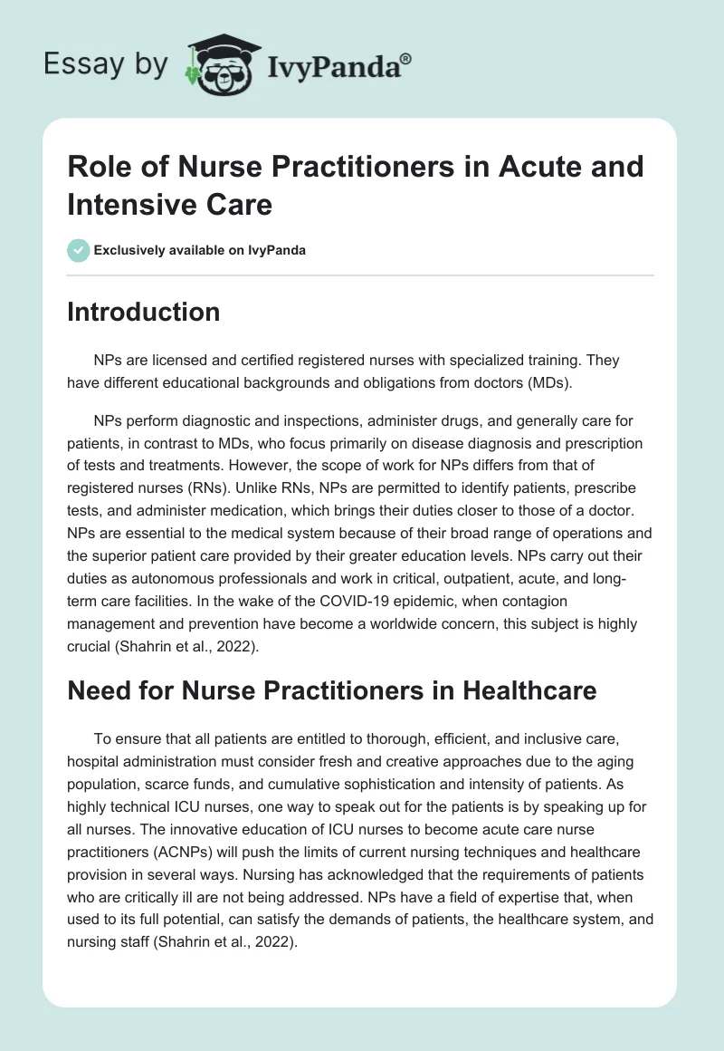 Role of Nurse Practitioners in Acute and Intensive Care. Page 1
