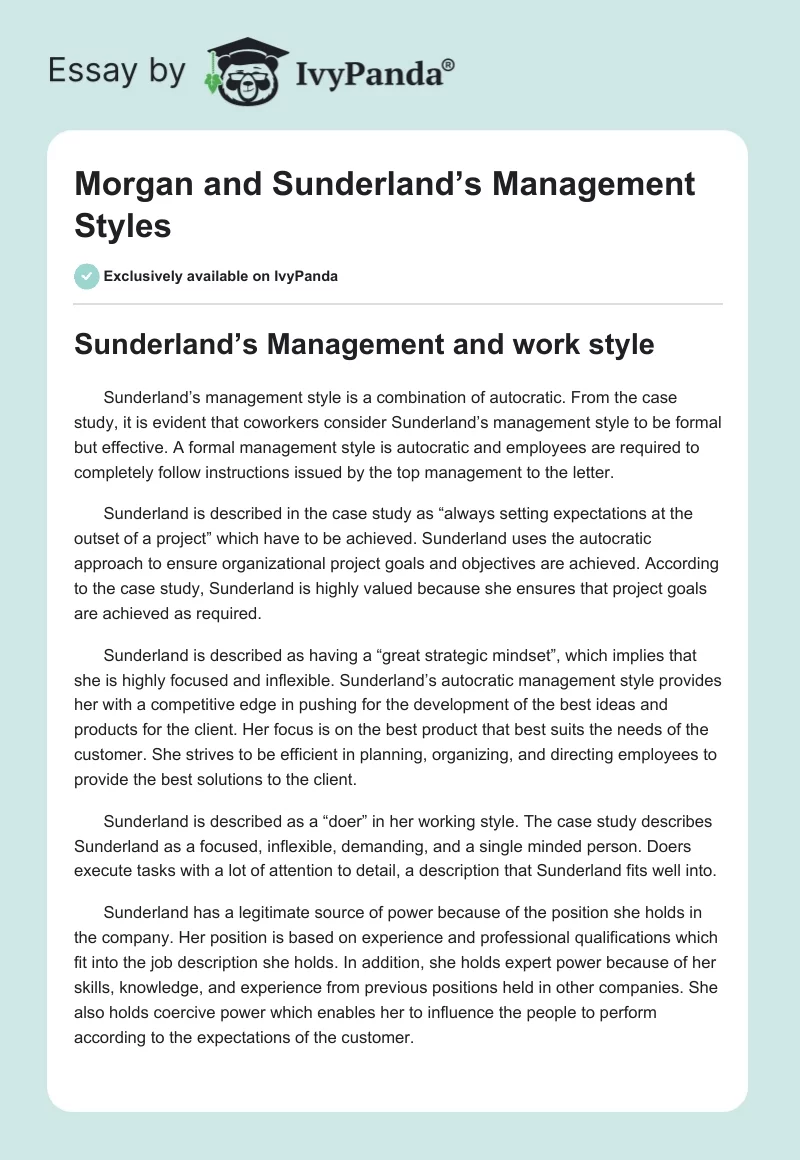 Morgan and Sunderland’s Management Styles. Page 1