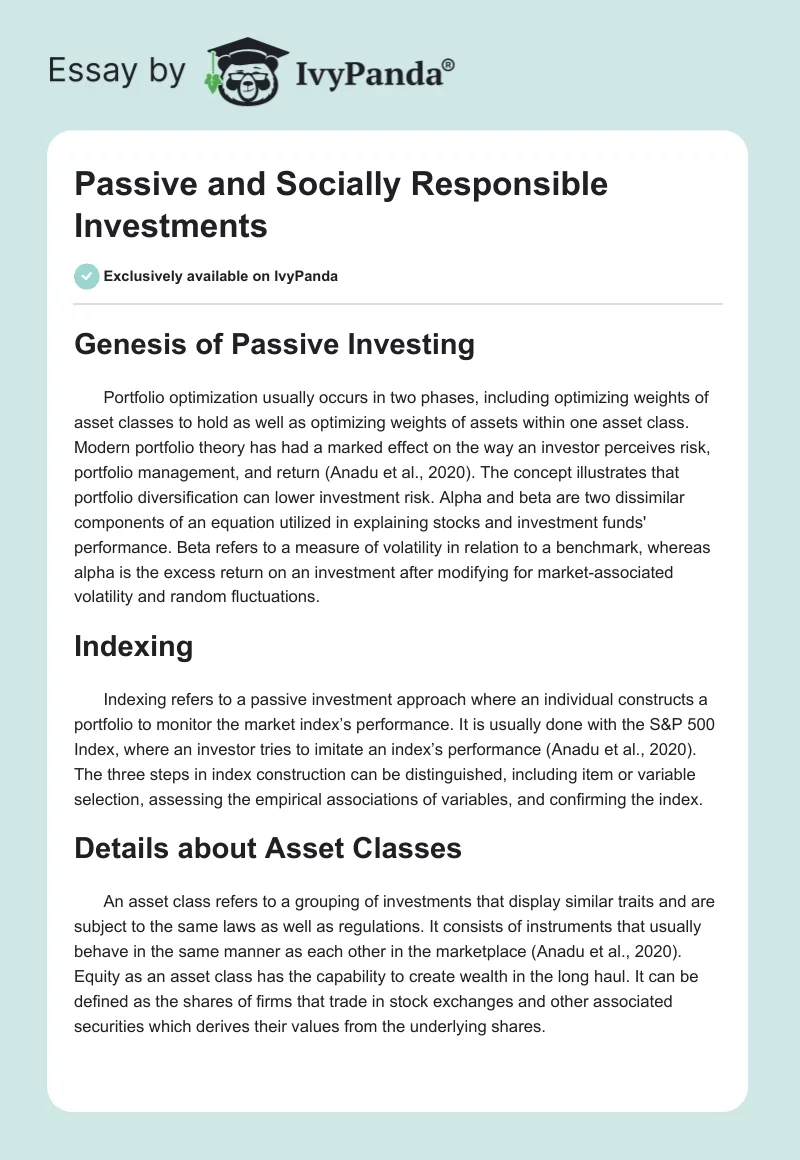 Passive and Socially Responsible Investments. Page 1