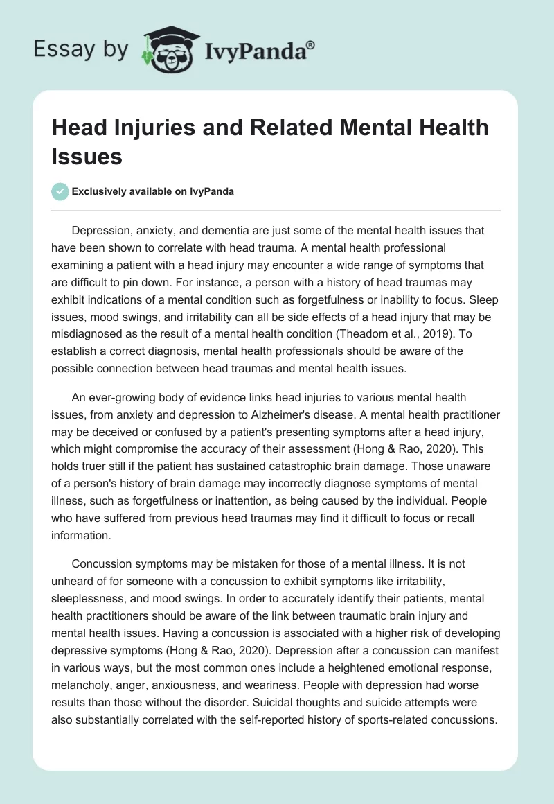 Head Injuries and Related Mental Health Issues. Page 1