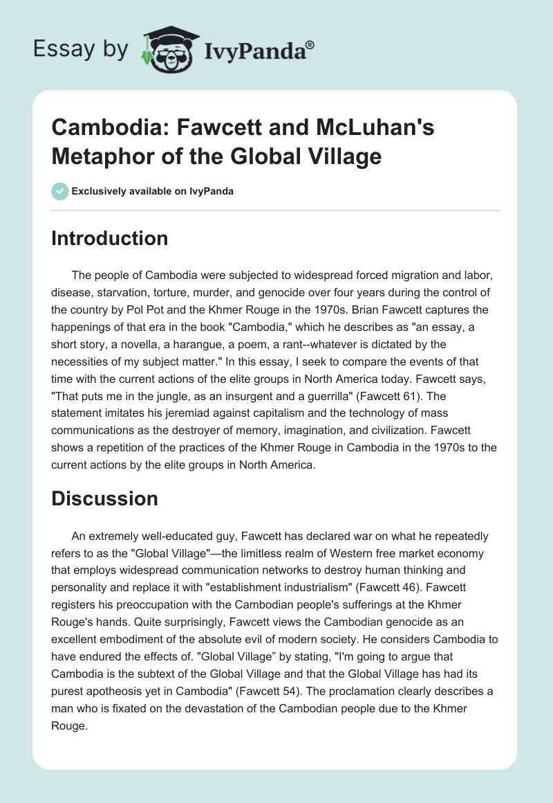 Cambodia: Fawcett and McLuhan's Metaphor of the "Global Village". Page 1