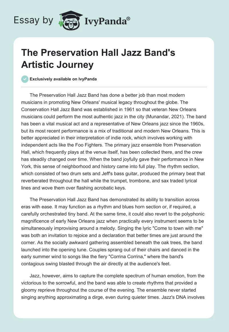 The Preservation Hall Jazz Band's Artistic Journey. Page 1
