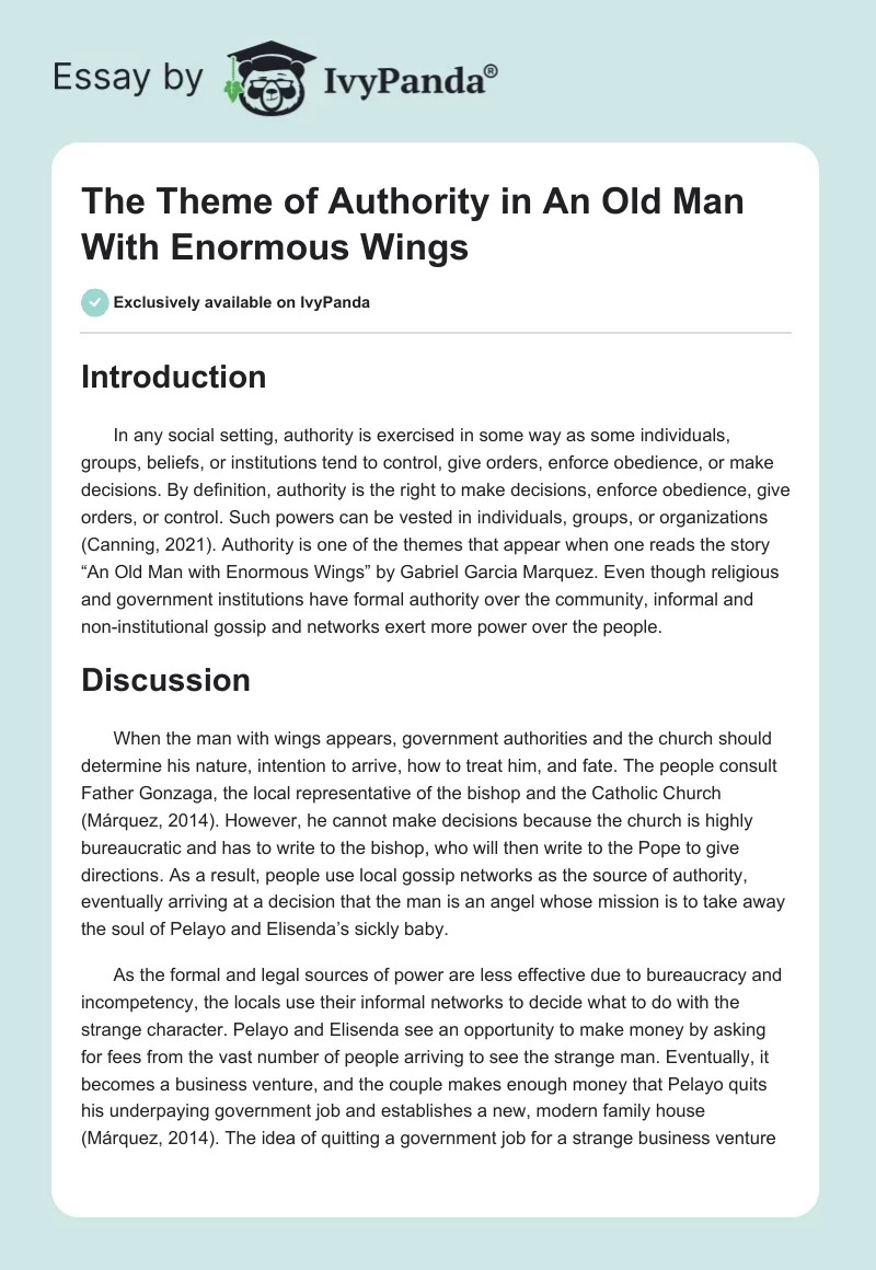 The Theme of Authority in "An Old Man With Enormous Wings". Page 1