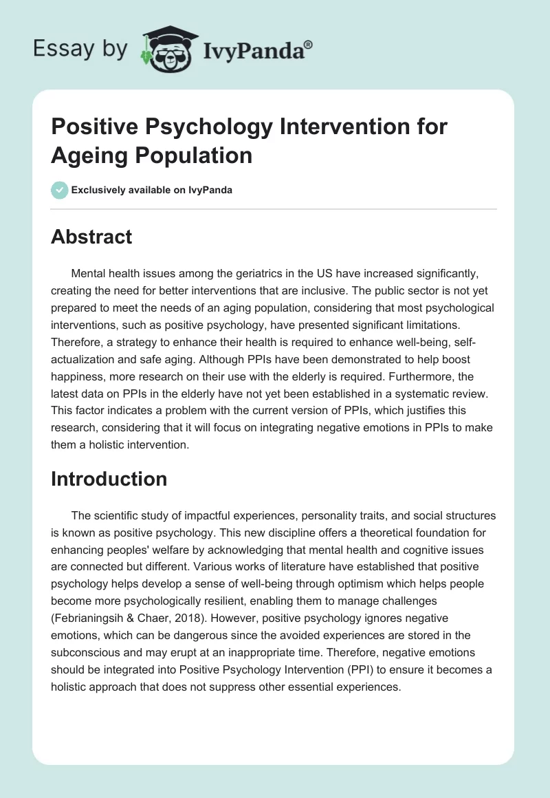 Positive Psychology Intervention for Ageing Population. Page 1