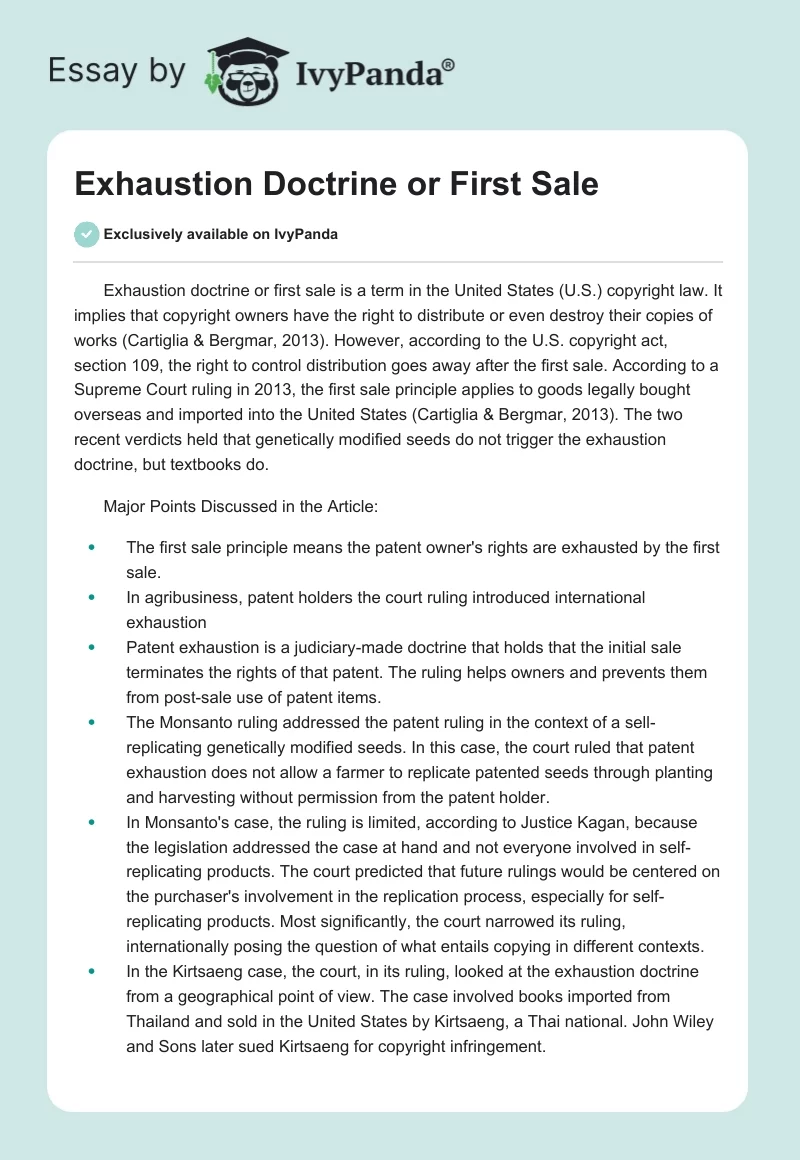 Exhaustion Doctrine or First Sale. Page 1